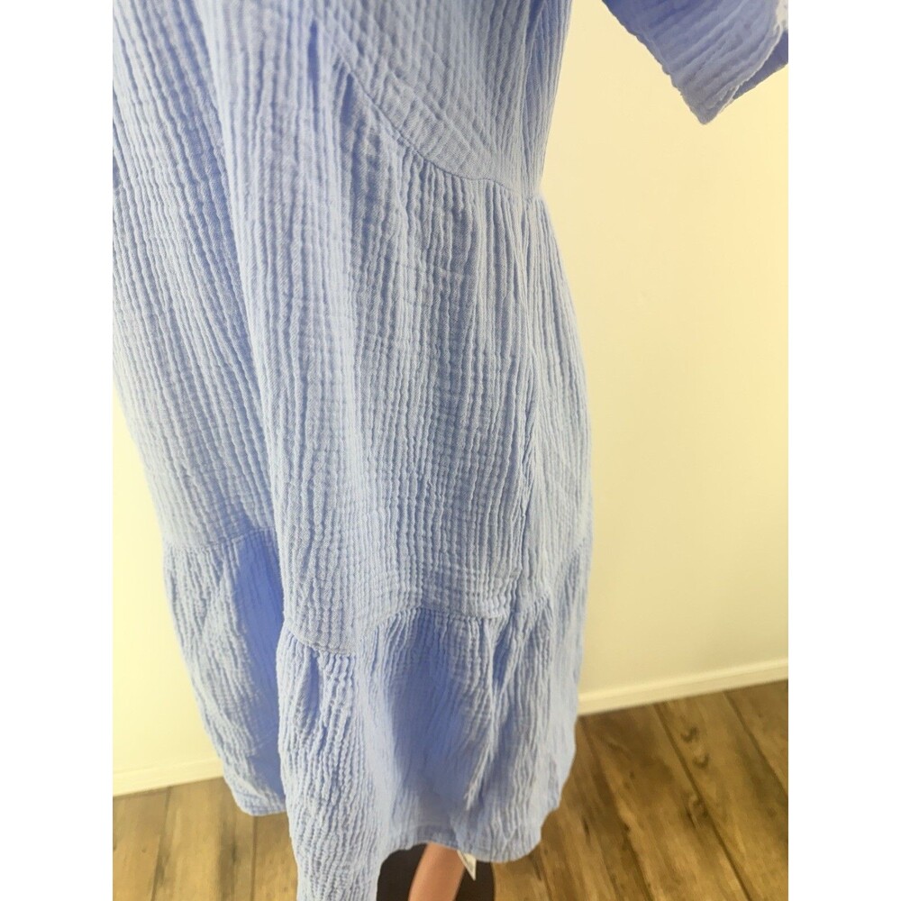 GAP Women’s Cotton Gauze Light Blue V-Neck Tiered Dress With Pockets - Picture 9 of 16